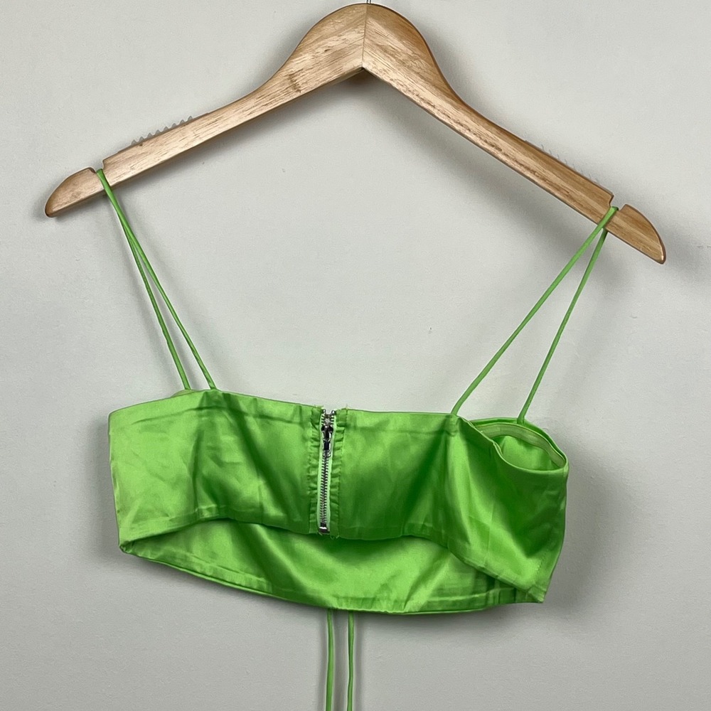 Superdown Lime Green Satin Crop Top Bandeau Cami Back Zip XS - Picture 2 of 7